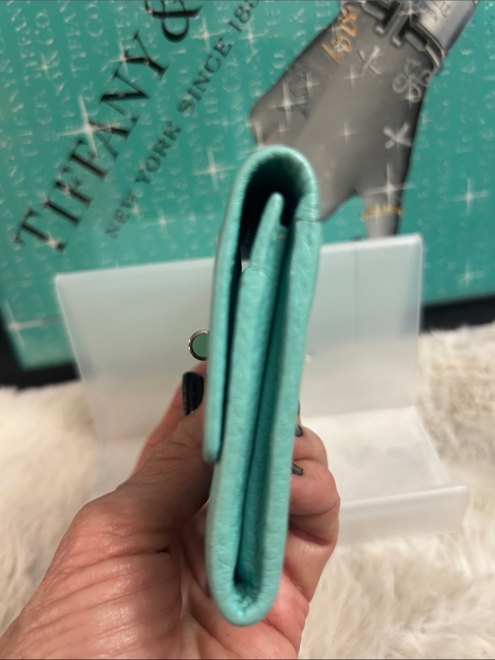 TIffany & Co. blue leather turnlock bifold card holder wallet Retails $400-600. - Picture 7 of 16